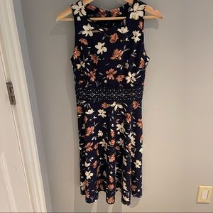 Navy Floral Print Mid Length Dress